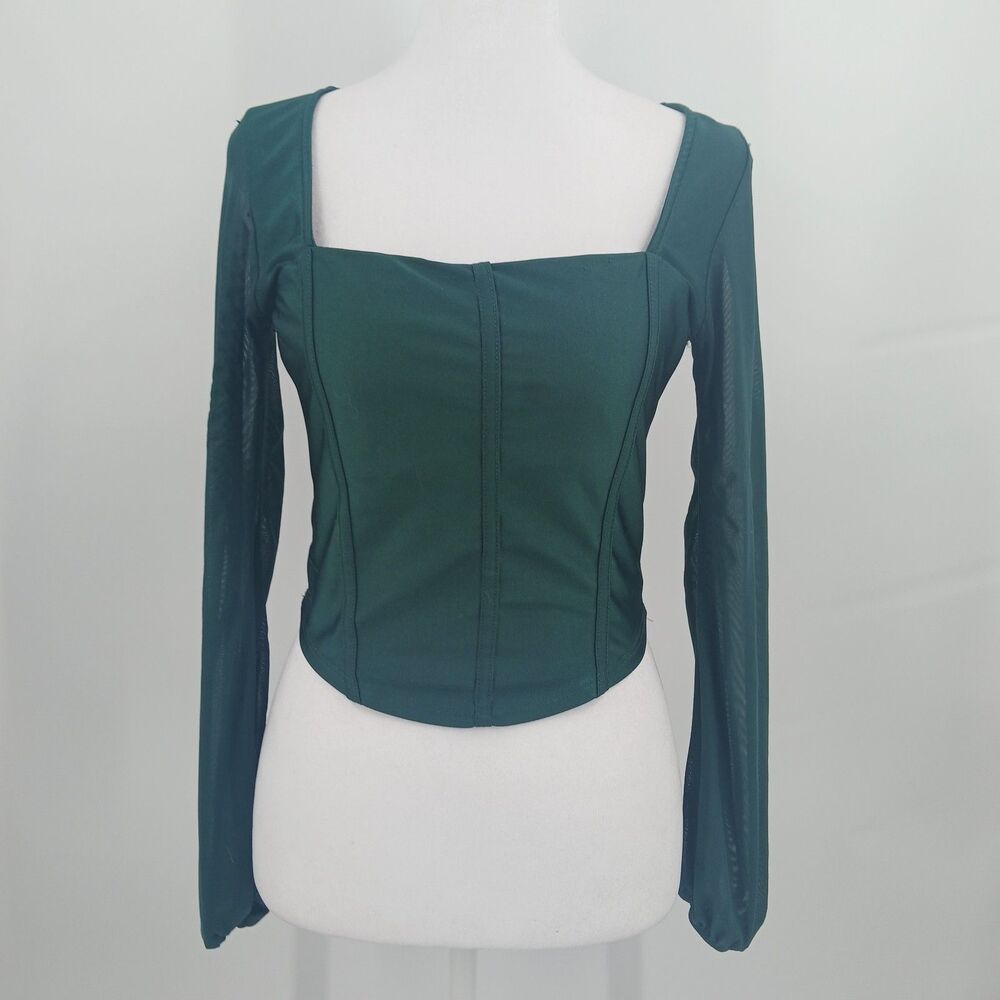 womans chocolate size medium long sleeve square neck blouse mesh sleeves